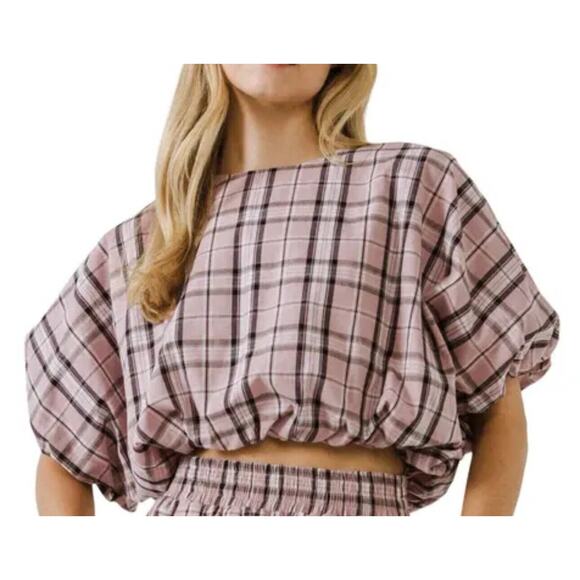 English Factory Puff Sleeve Crop Top M Pink Plaid Voluminous Trendy Summer NEW - Picture 11 of 11
